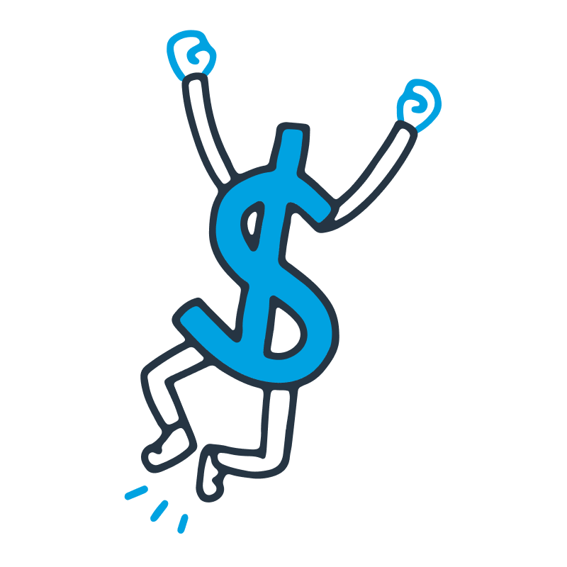 A blue dollar sign with arms and legs is jumping in the air with its arms raised.