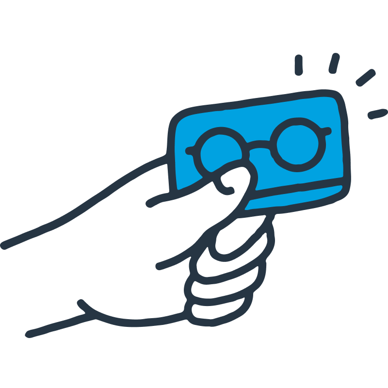 A blue square with glasses and a nose is held up by a dark gray hand.