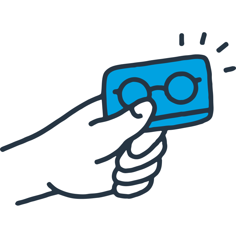 A blue square with glasses and a nose is held up by a dark gray hand.