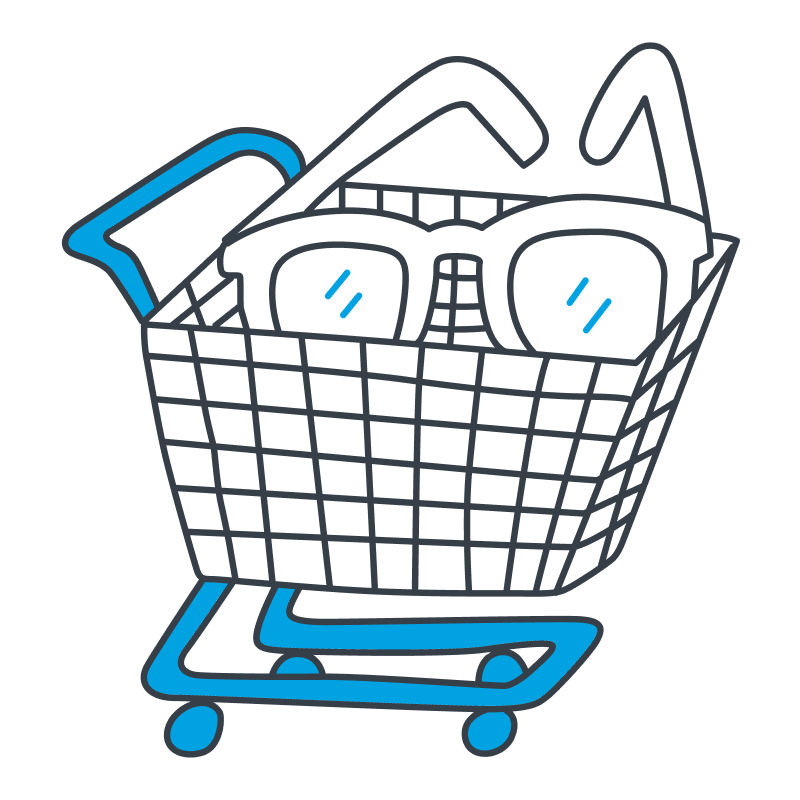 A shopping cart icon with a smiley face and two buttons.