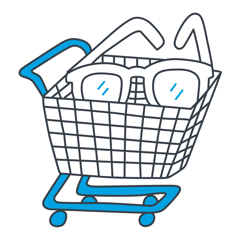 A shopping cart icon with a smiley face and two buttons.