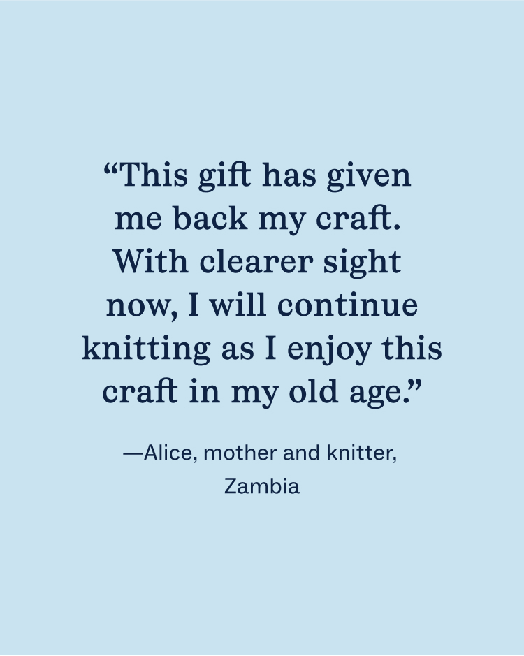 A quote on a light blue background about knitting and improved eyesight from Alice, a mother and knitter in Zambia.