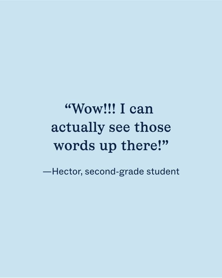 A quote on a light blue background about how she can see the words.