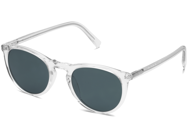 Clear framed sunglasses with dark lenses and silver accents.