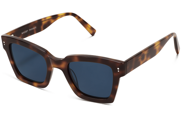 Tortoiseshell patterned sunglasses with dark blue lenses.