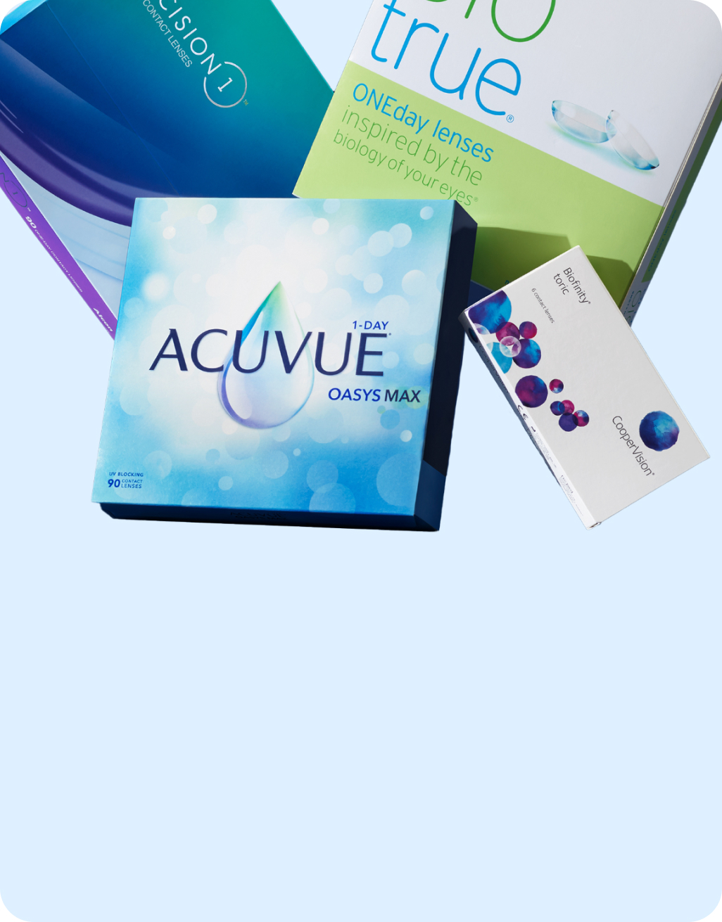 Three contact lens boxes, including Total 30, Acuvue Oasys Max, and Scout, on a light blue background.