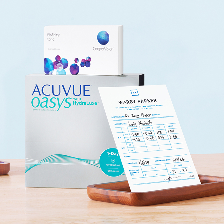 Cascading Boxes of Contact Lenses for Warby Parker Scout, Acuvue Oasys, Basch & Lomb Infuse, MayDay for astigmatism, and Total30 brands. 