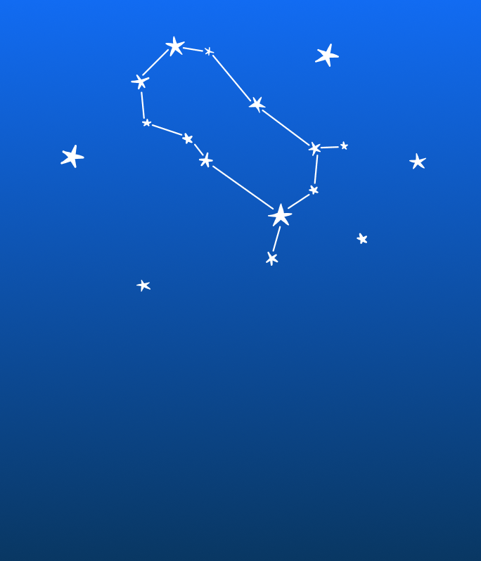 The image shows a stylized constellation with lines connecting star shapes on a blue background.