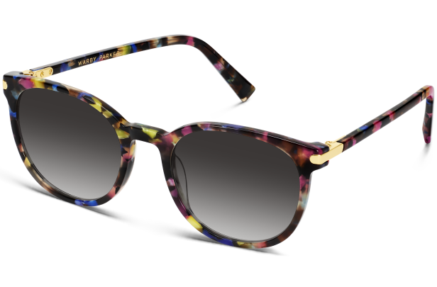 Sunglasses with a colorful tortoise shell frame and gradient lenses on a white background.