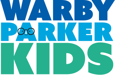 Warby Parker Kids logo with blue text and glasses on the "A", and "KIDS" in bold green letters.