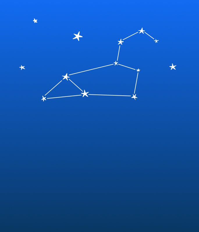 The image shows a stylized constellation with lines connecting star shapes on a blue background.