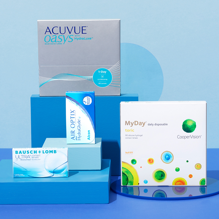 Five contact lens boxes on blue platforms against a light blue background.