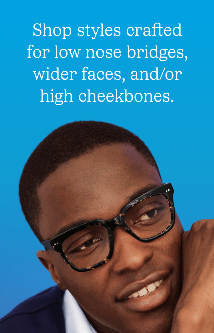 A Black man wearing stylish glasses is featured in this ad, which highlights eyewear for specific facial features.