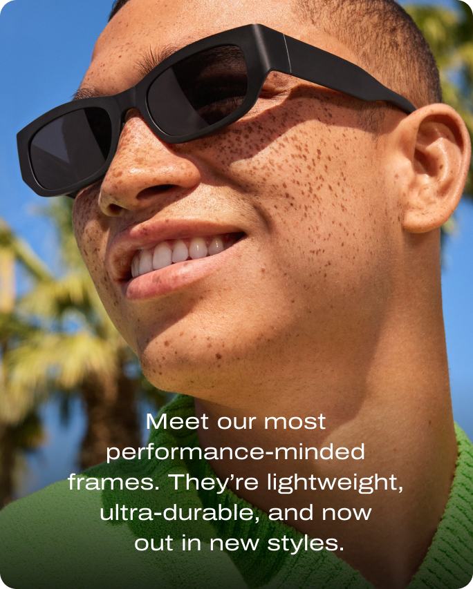 Person wearing sunglasses with text about performance-minded frames on a blue background.