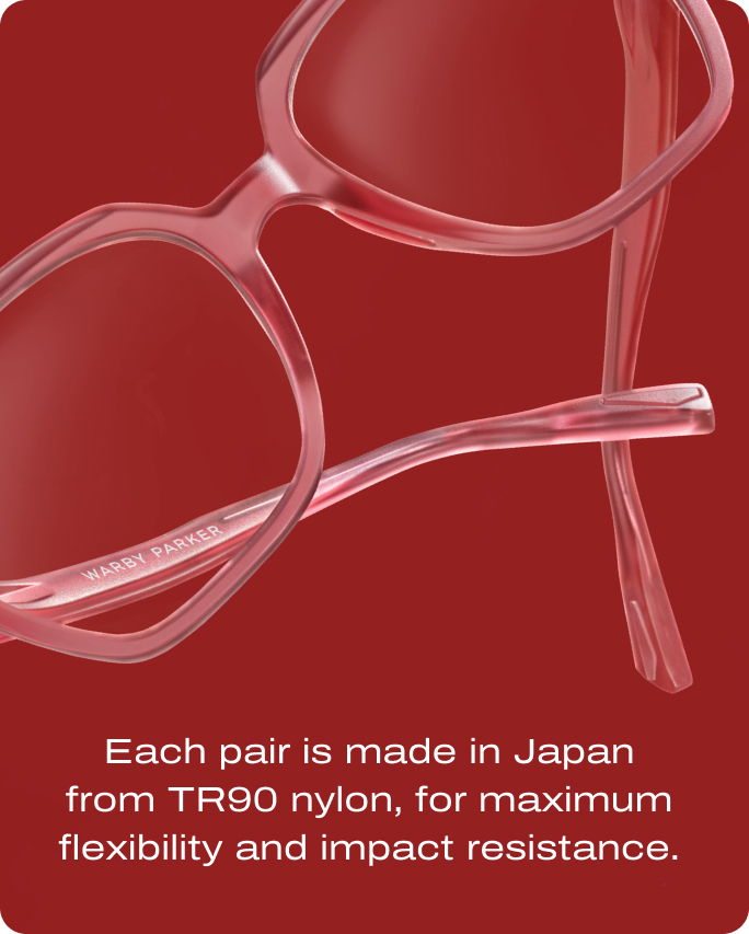 Pink glasses on a red background with text about TR90 nylon's flexibility and impact resistance.