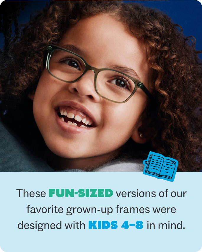 Smiling child in green glasses, with text highlighting glasses for kids ages 4–8.