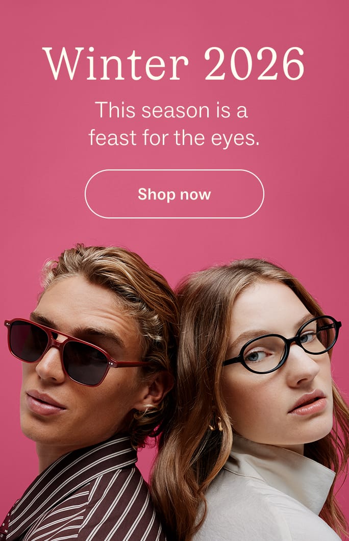 Two models back-to-back wearing stylish glasses with "Winter 2026" text.