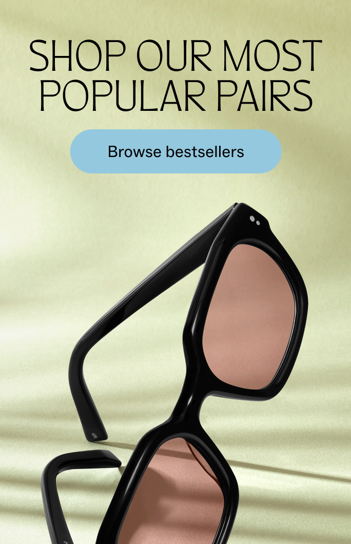 Stack of three pairs of eyeglasses against a blue background. Text reads: "See our most popular pairs. Browse bestsellers."