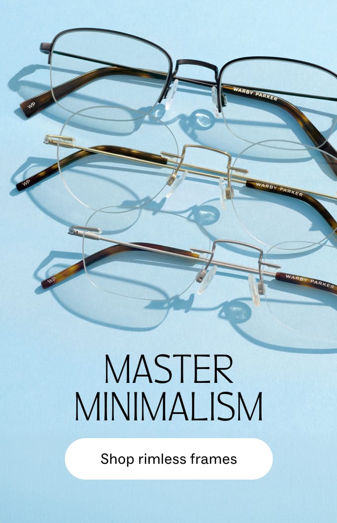 Master Minimalism: Shop rimless frames, featuring three pairs of glasses on a light blue background.
