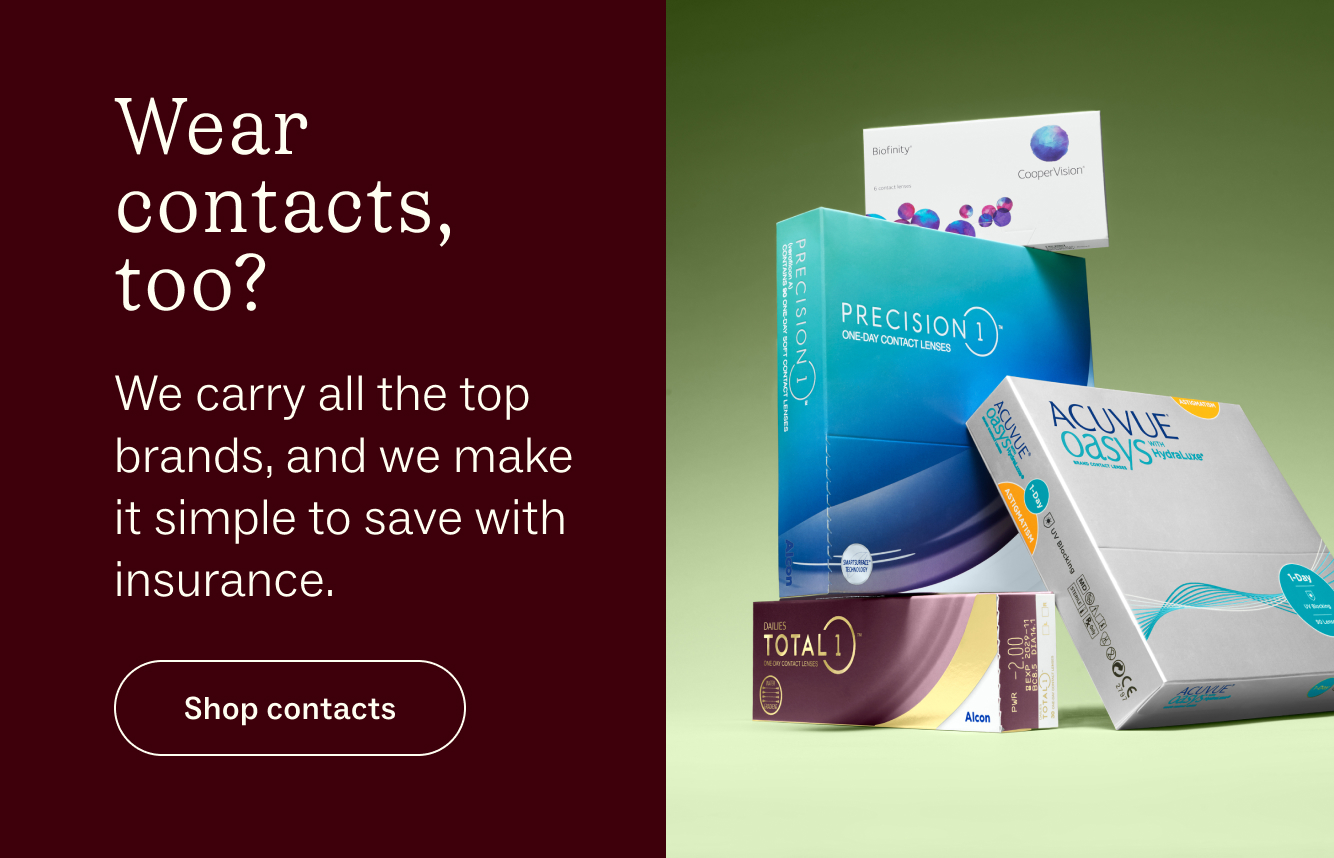 Various brands of contact lens boxes are displayed on a green background.