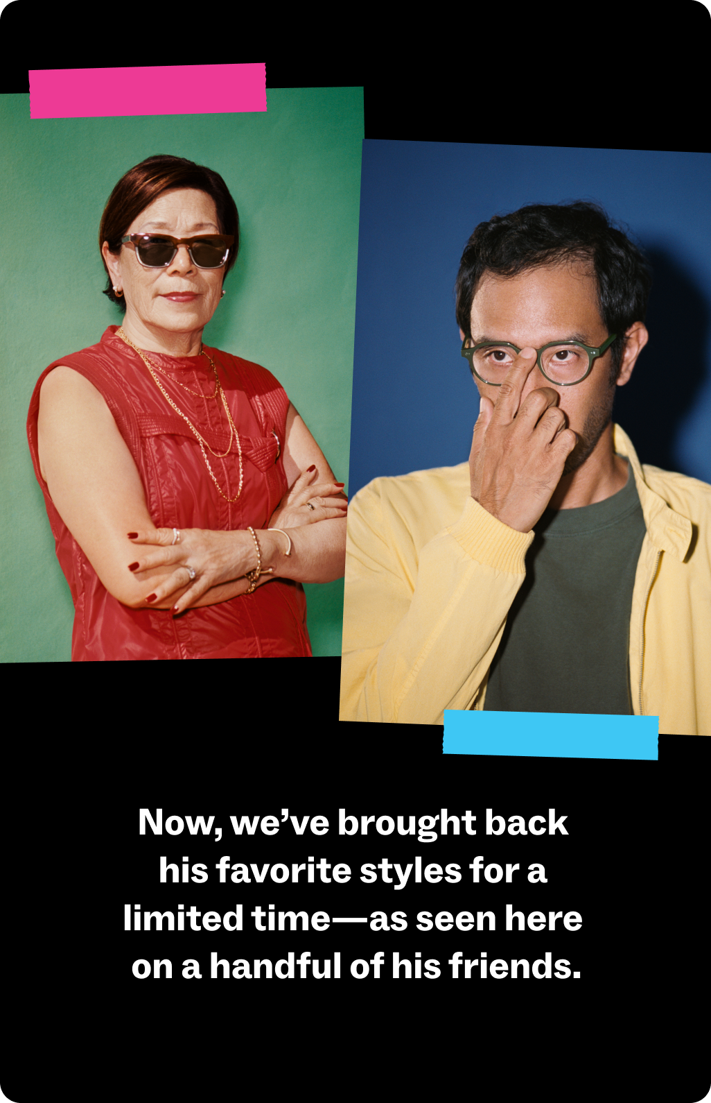 A split image features two men. The left image shows a person with glasses in a red dress and a necklace. The right image shows a man with glasses in a yellow cardigan and a dark shirt.