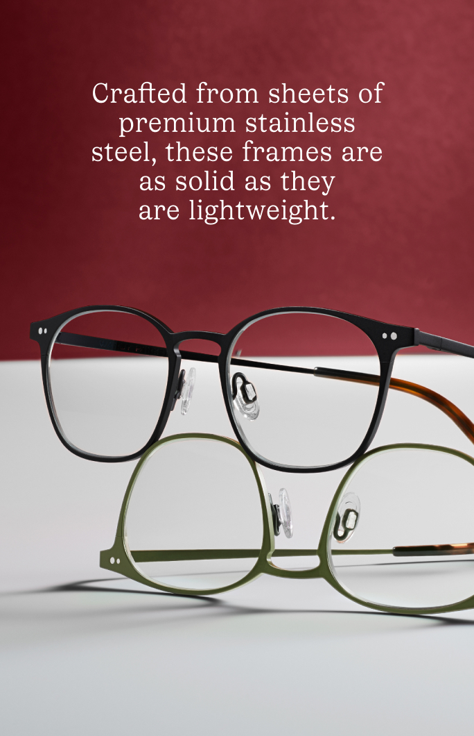 Two pairs of glasses are shown. One is black and the other is green. Both are made of stainless steel.