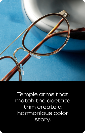 Close-up of eyeglasses with acetate trim and temple arms that match the trim.