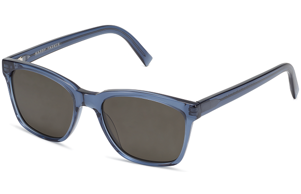 Blue, square-shaped sunglasses with dark lenses and a sturdy, translucent frame.