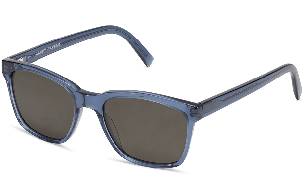 Blue, square-shaped sunglasses with dark lenses and a sturdy, translucent frame.