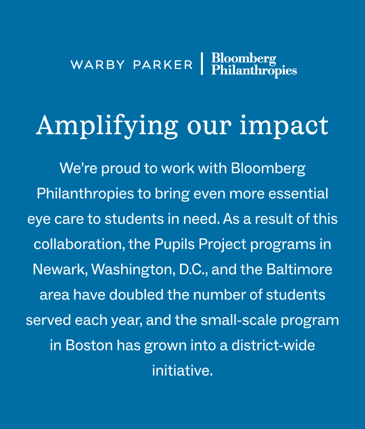 White text on dark blue background with logos of Warby Parker and Bloomberg Philanthropies and message about expanding eye care programs globally.