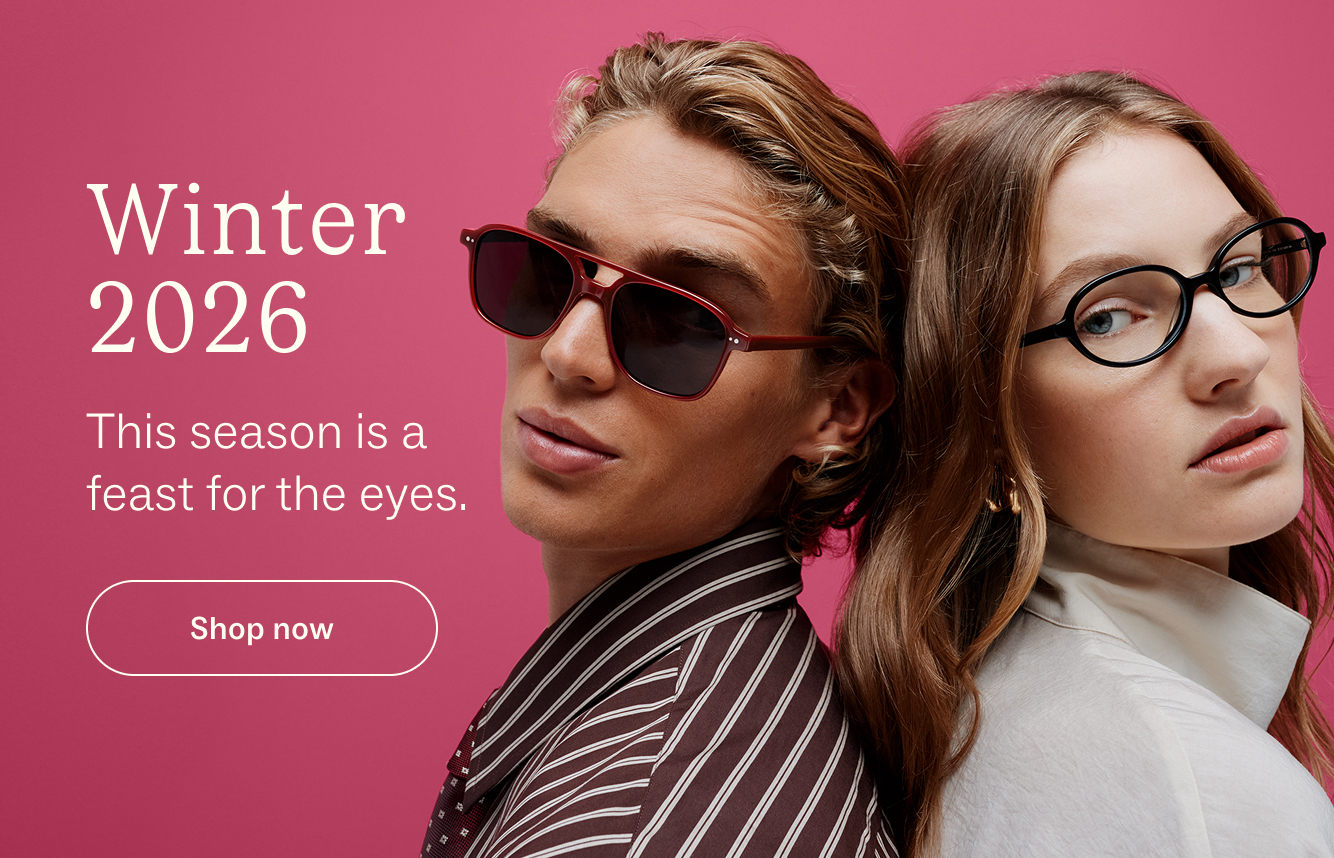 A man and woman model stylish eyeglasses for the "Winter 2026" collection.
