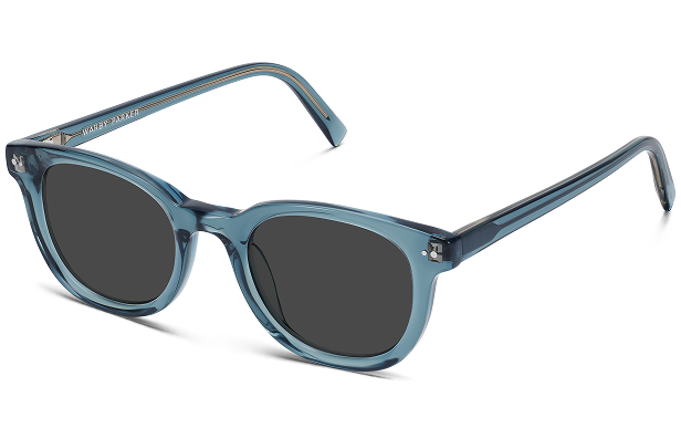 Blue, square-shaped sunglasses with dark lenses and a sturdy frame.