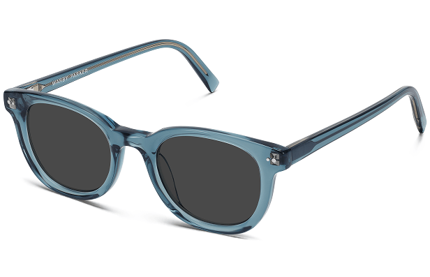 Blue, square-shaped sunglasses with dark lenses and a sturdy frame.