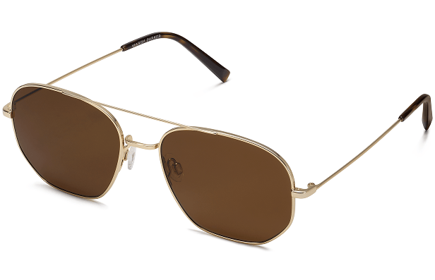 Gold-colored aviator-style sunglasses with brown lenses and black tips on the arms.