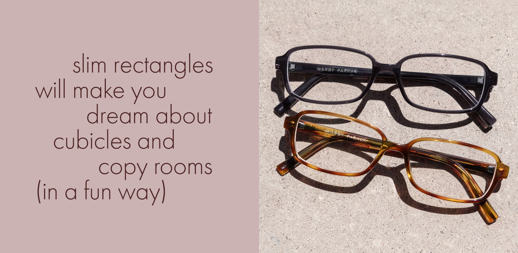 Two pairs of slim rectangular glasses on a neutral background with text.
