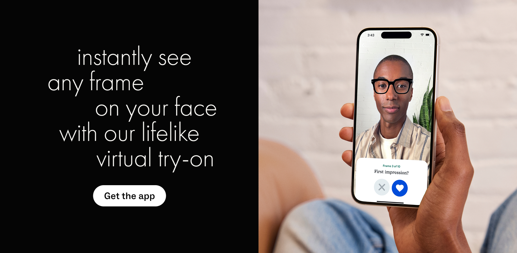 Man virtually tries on glasses using a phone app that shows frames on his face.