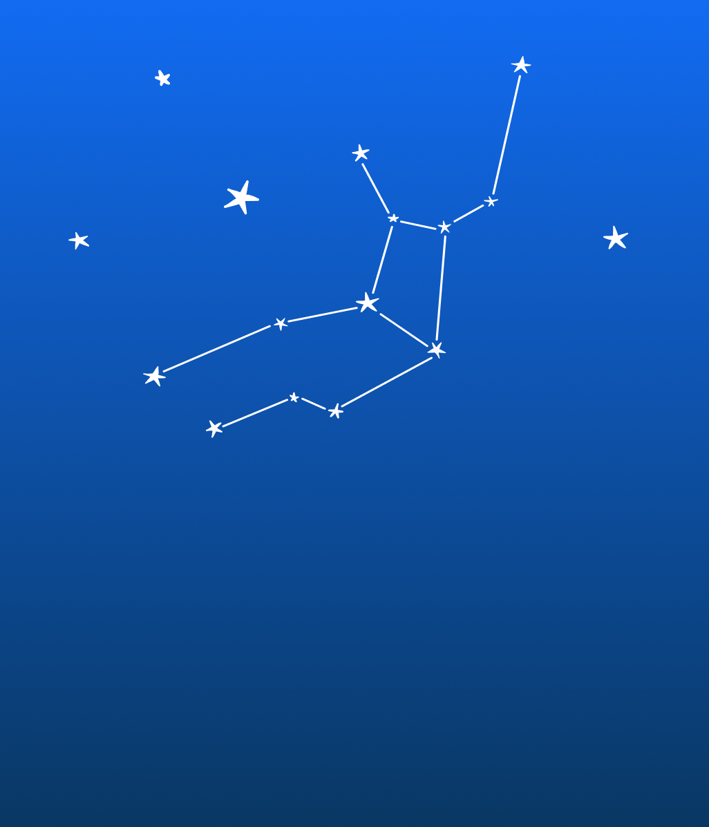 The image shows a stylized constellation with lines connecting star shapes on a blue background.