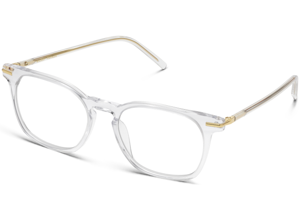 Clear rectangle eyeglasses with gold temples and accents on a white background.