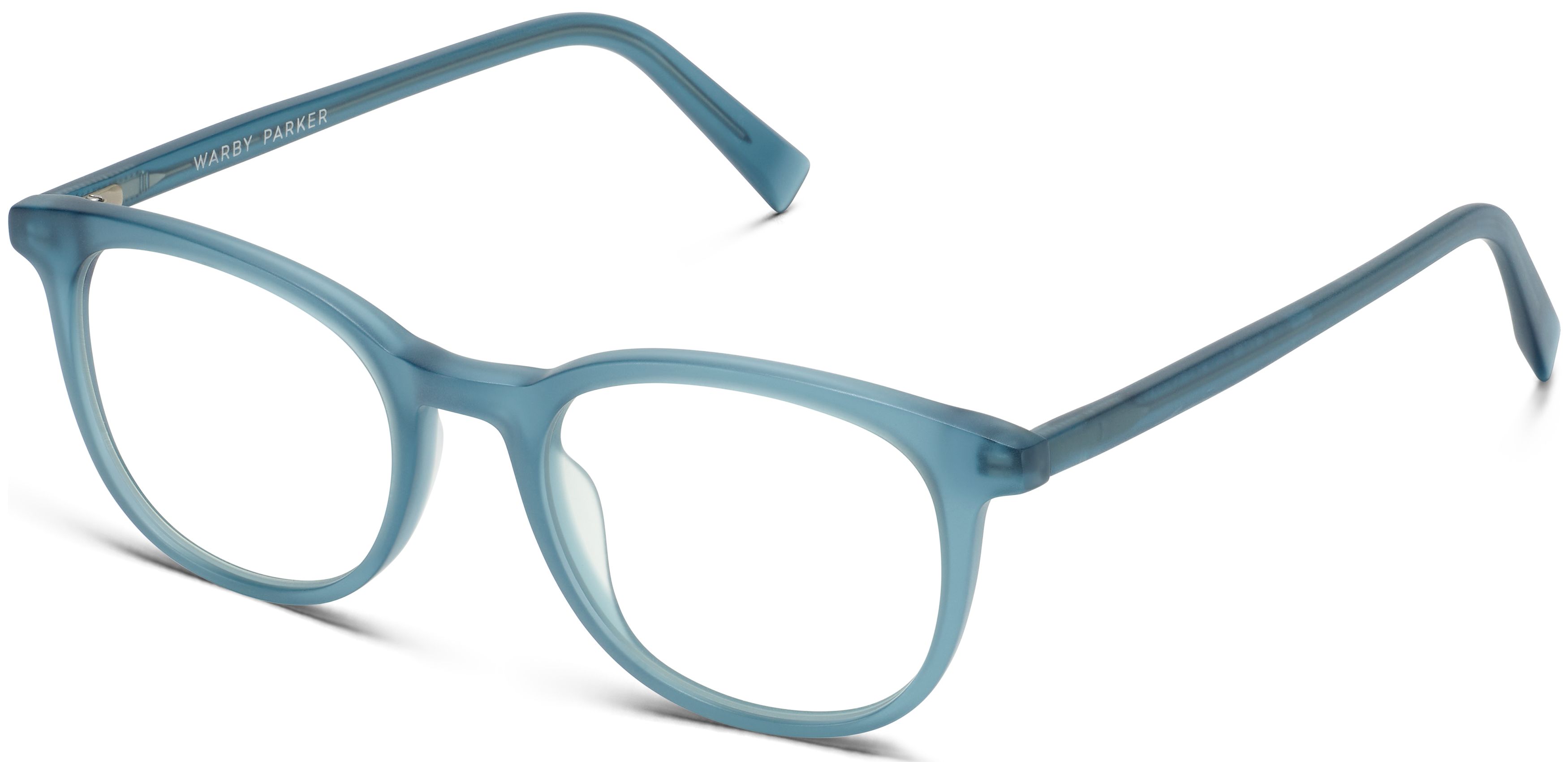 Blue plastic eyeglasses with clear lenses.