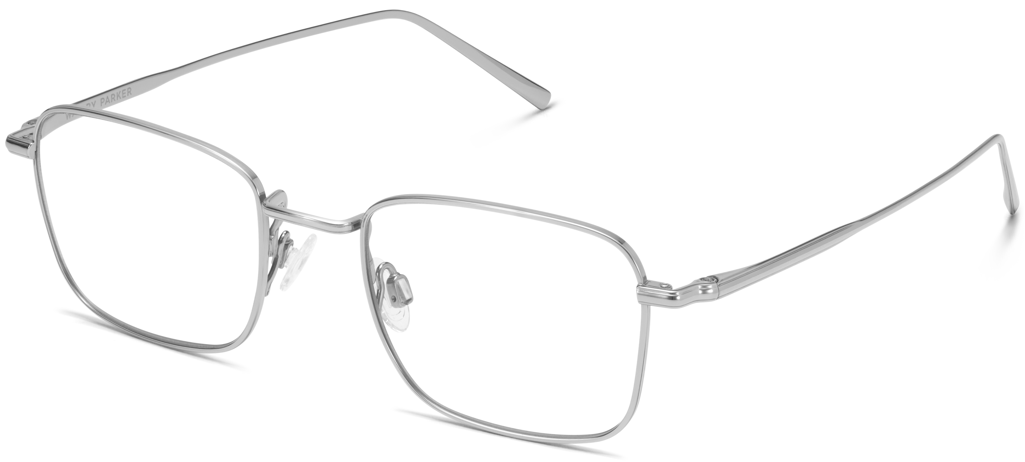 Silver rectangular-framed glasses with clear lenses and thin metal arms.