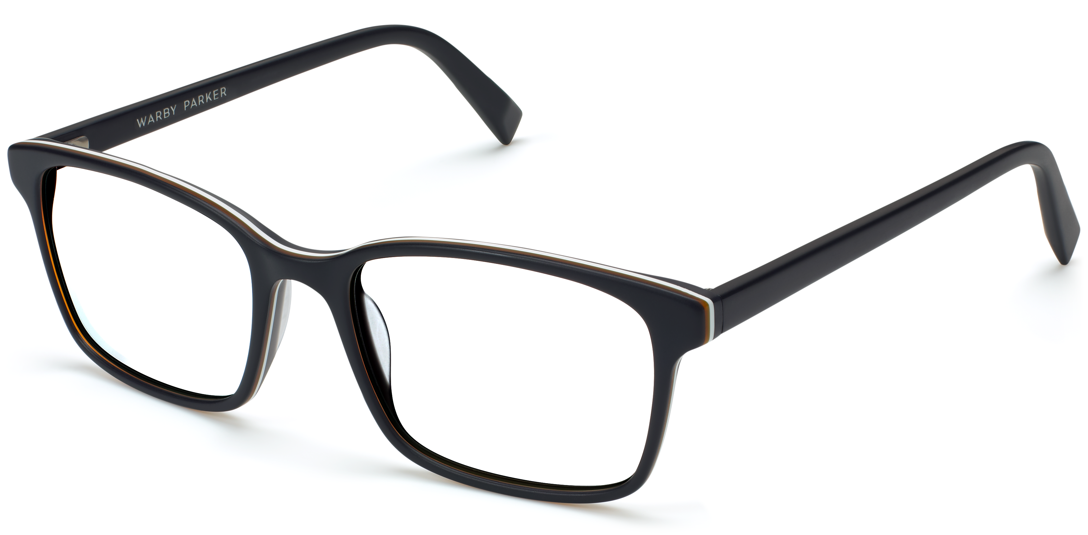Black rectangular eyeglasses with clear lenses and silver accents on the temples.