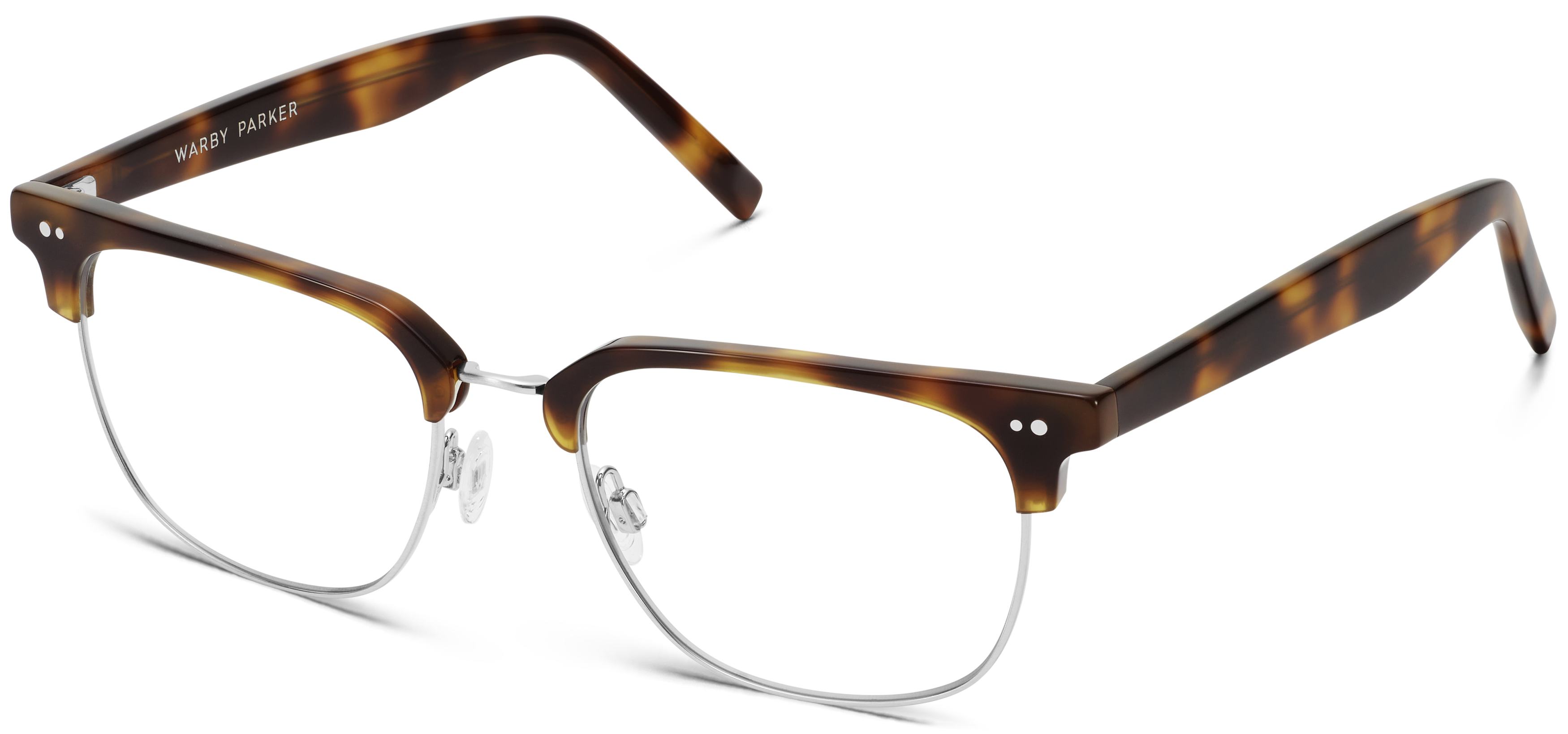 Tortoiseshell half-rim glasses with clear lenses and silver metal details.