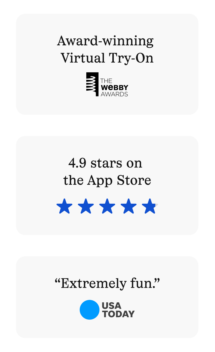 Testimonial graphic featuring: 

1. "Award-winning Virtual Try-On" with The Webby Awards logo.
2. "4.8 stars on the App Store" with a five-star graphic.
3. “Extremely fun.” by USA Today.