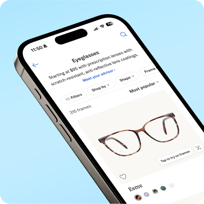 A person using a smartphone app to virtually try on eyeglasses, with options for frame selection visible on the screen.