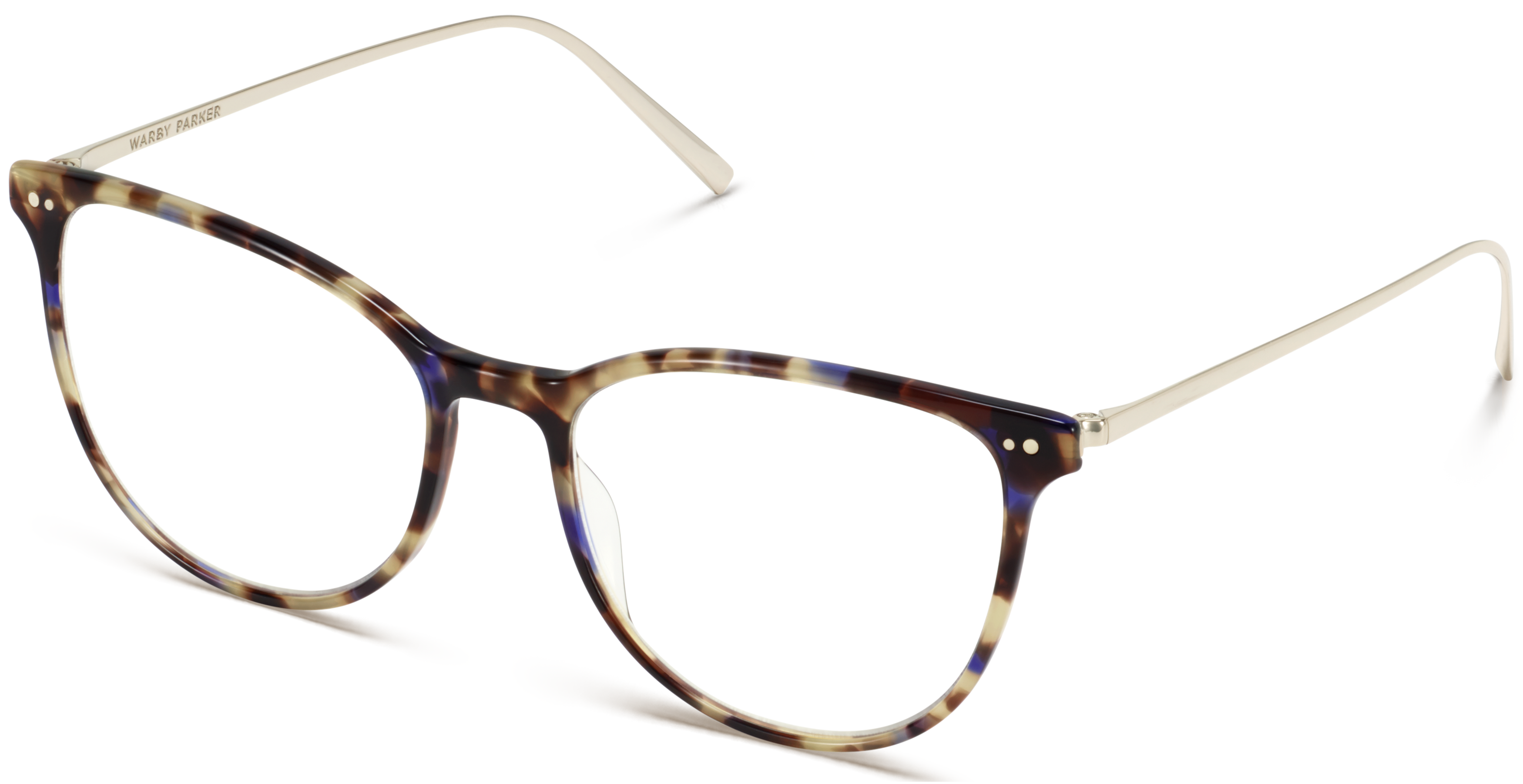 Tortoiseshell cat-eye glasses with thin silver temples.